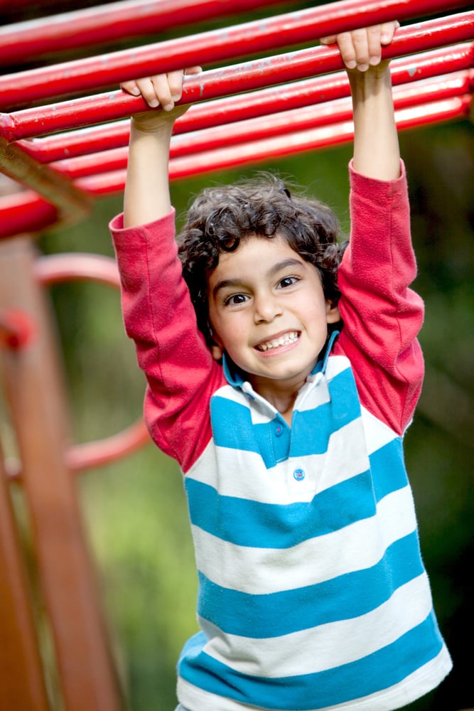 Boy holding onto monkey bars